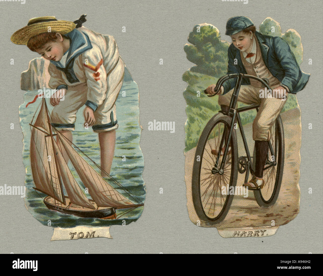 Die cut scraps of boys circa 1880 Stock Photo