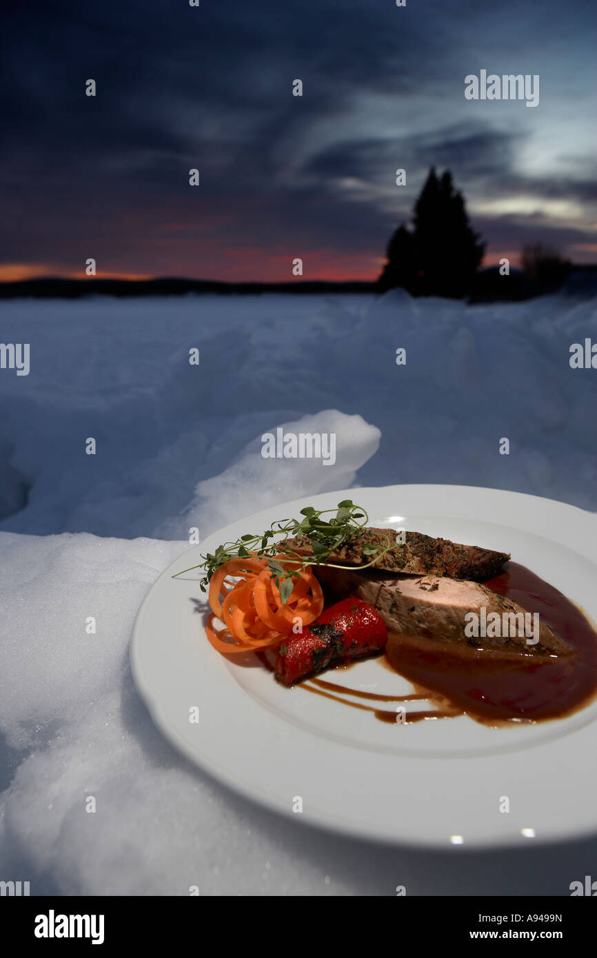 Reindeer Dinner at Homestead Restaurant, Jukkasjarvi, Lapland, Sweden Stock Photo