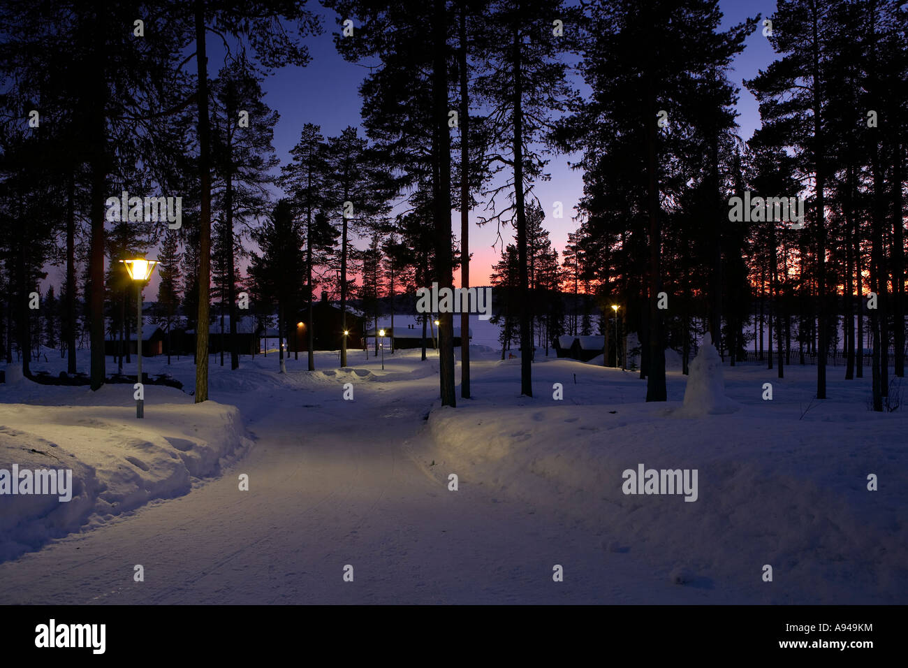 Log Cabins In Woods Hotel Jeris Yllas Lapland Finland Stock