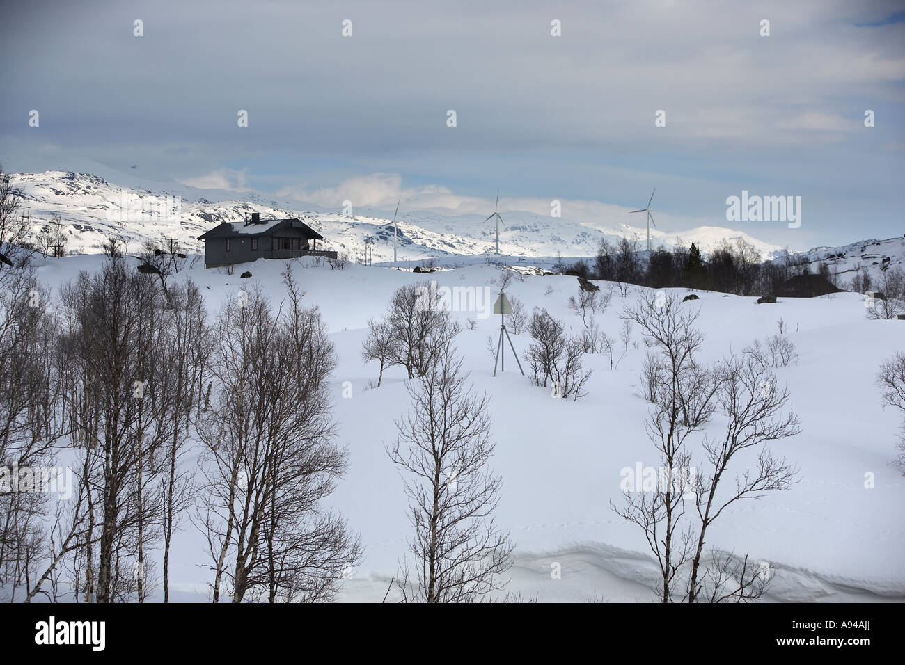 Winter Landscape with house and windmills, Lapland, Norway Stock Photo
