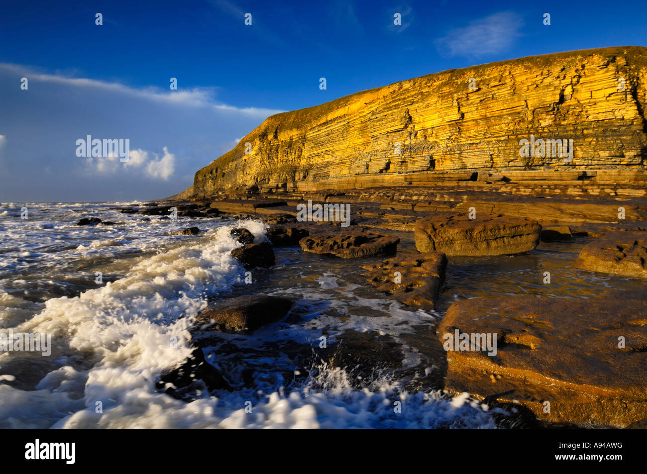 Dunraven bay in the winter sun at Southerndown on the Glamorgan Heritage Coast, Wales. Stock Photo