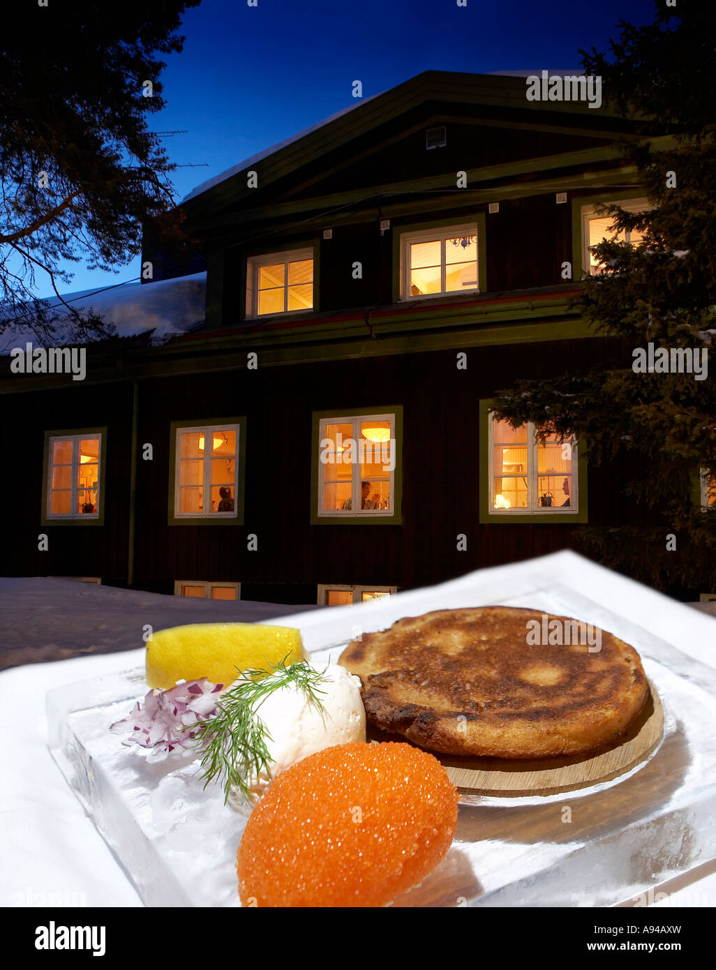 Salmon Roe, Pie, Homestead Restaurant,  Jukkasjarvi, Kiruna, Lapland, Sweden Stock Photo