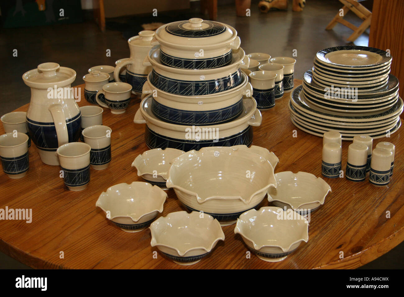 Various pottery items displayed on a table Thamaga Botswana Stock Photo