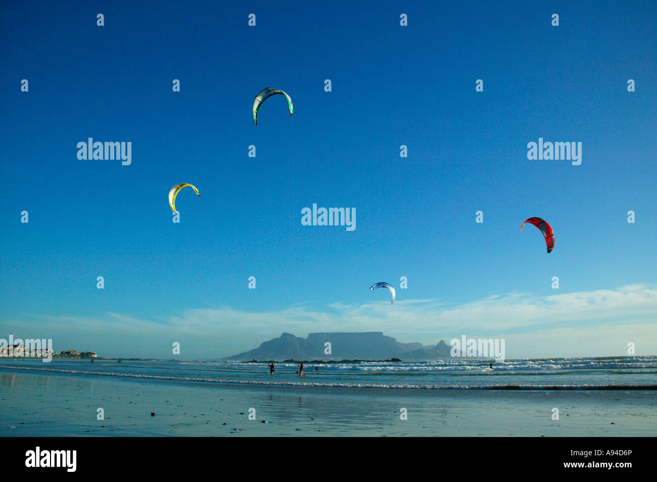 Kite surfers on one of Cape town beaches Bloubergstrand Cape Town