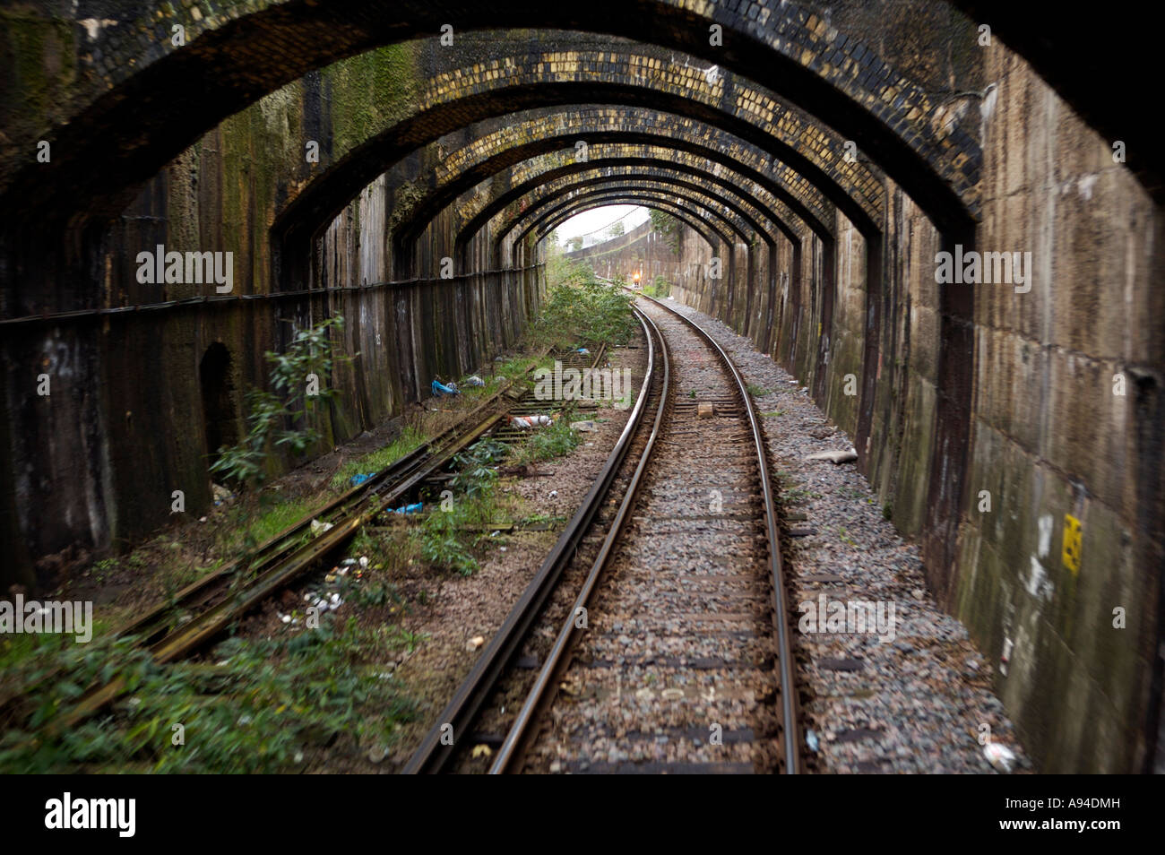 Drivers view of railway track, North London line, Between Woolwich and Stratford Stock Photo