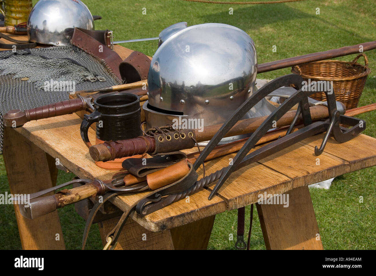 Replica helmets at St Georges Day event Scarborough Castle North Yorkshire England UK United Kingdom GB Great Britain Stock Photo