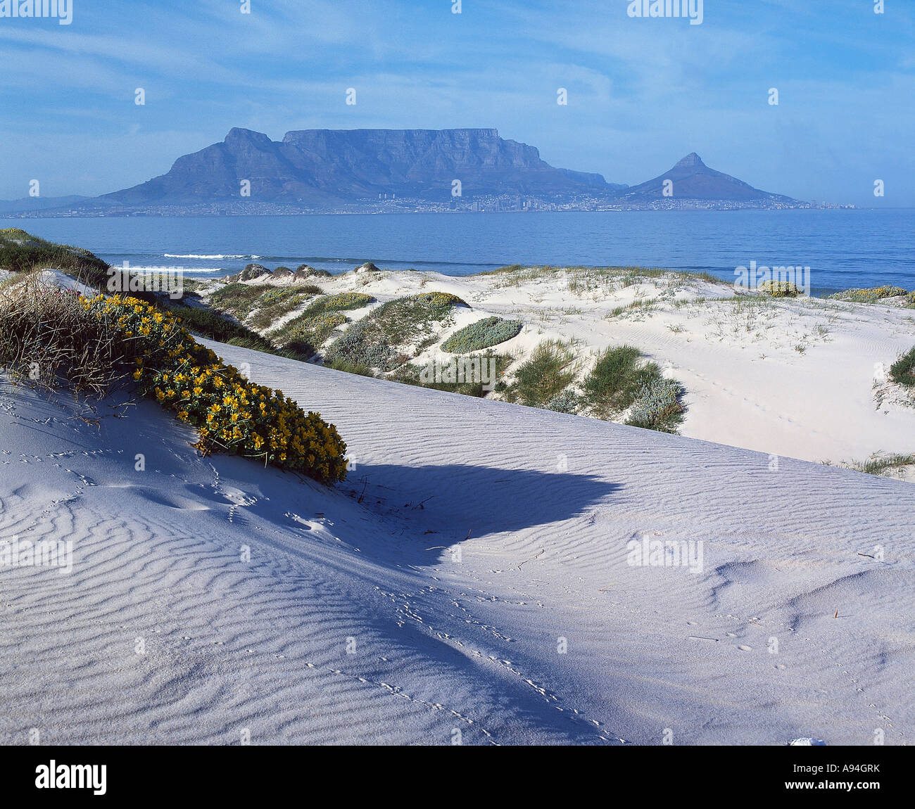Table mountain viewed from Milnerton Beach with Cape Town at the base of the mountain Cape Town Stock Photo
