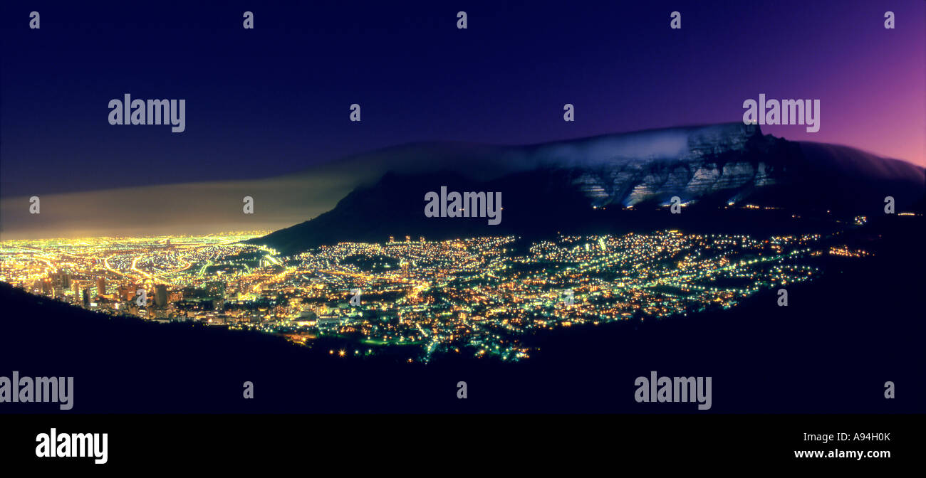 A wide angled night time view of Cape Town city and Table Mountain Cape Town Western Cape South Africa Stock Photo