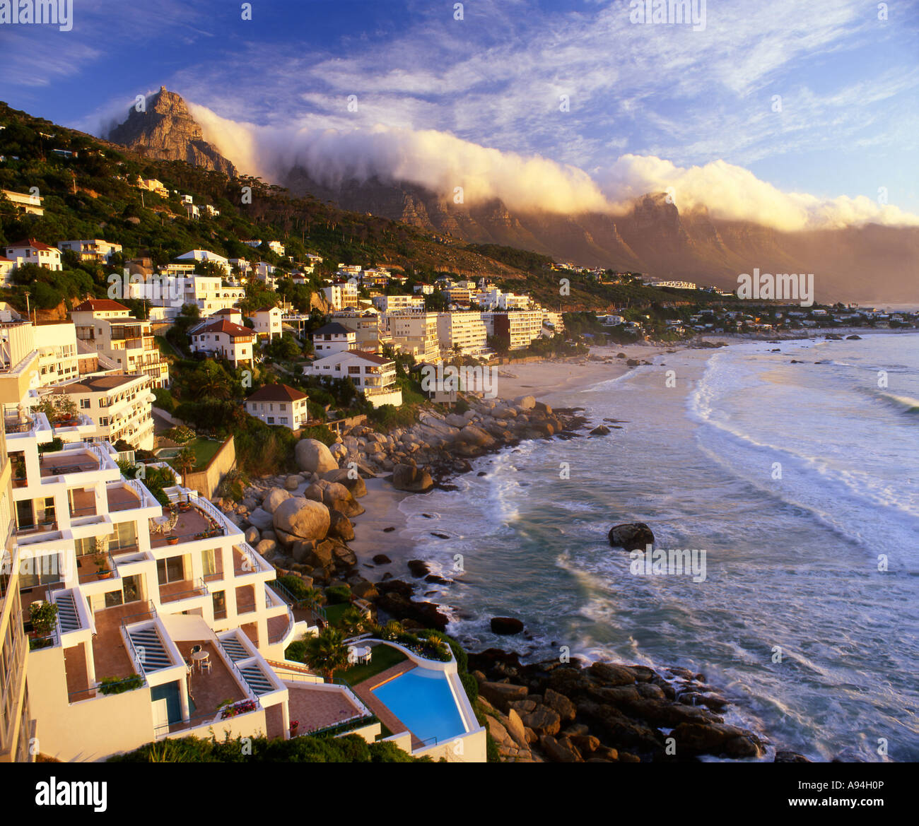 The Cape Town suburb of Clifton and Bantry Bay with Table mountain and the twelve Apostles Cape Town South Africa Stock Photo