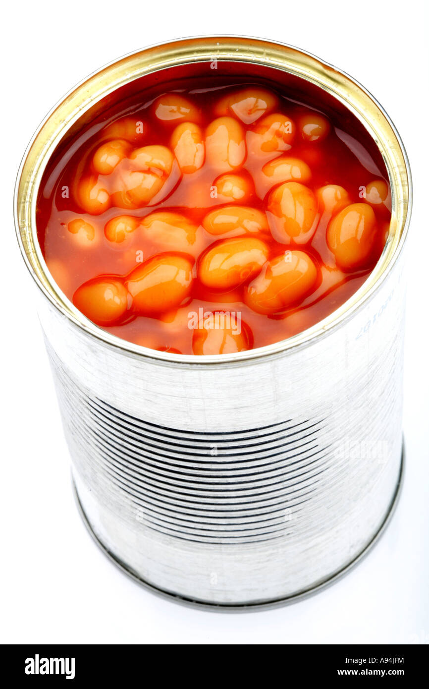 Opened Tin Of High Dietary Fibre Baked Beans in Tomato Sauce Isolated