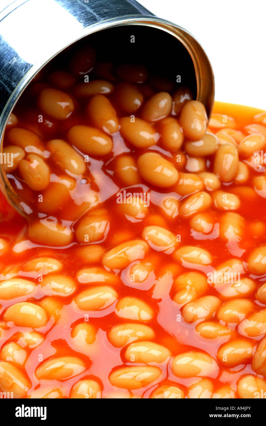 Opened Tin Of High Dietary Fibre Baked Beans in Tomato Sauce Isolated