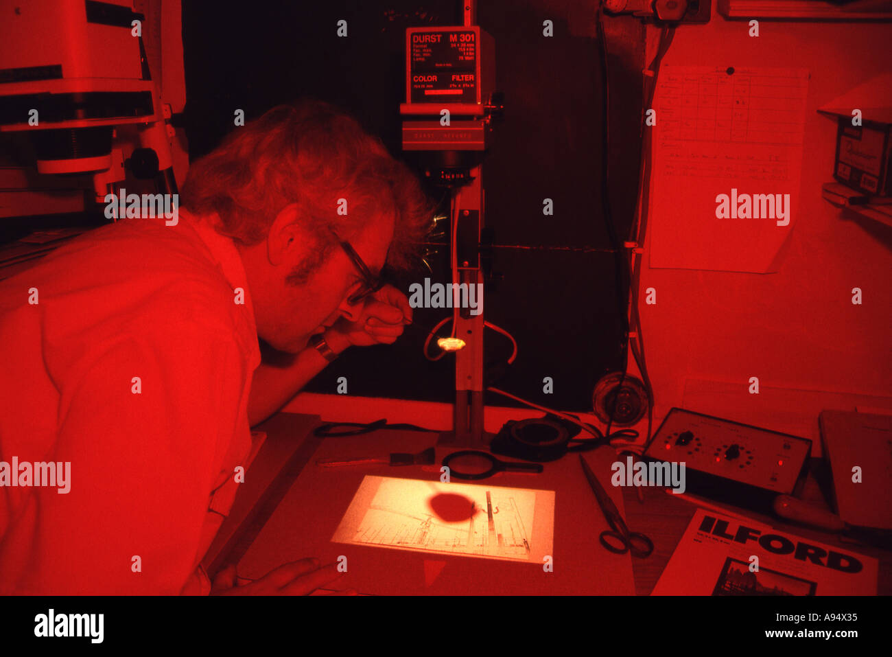 Man in conventional wet darkroom under red safelight printing a picture with an enlarger Stock