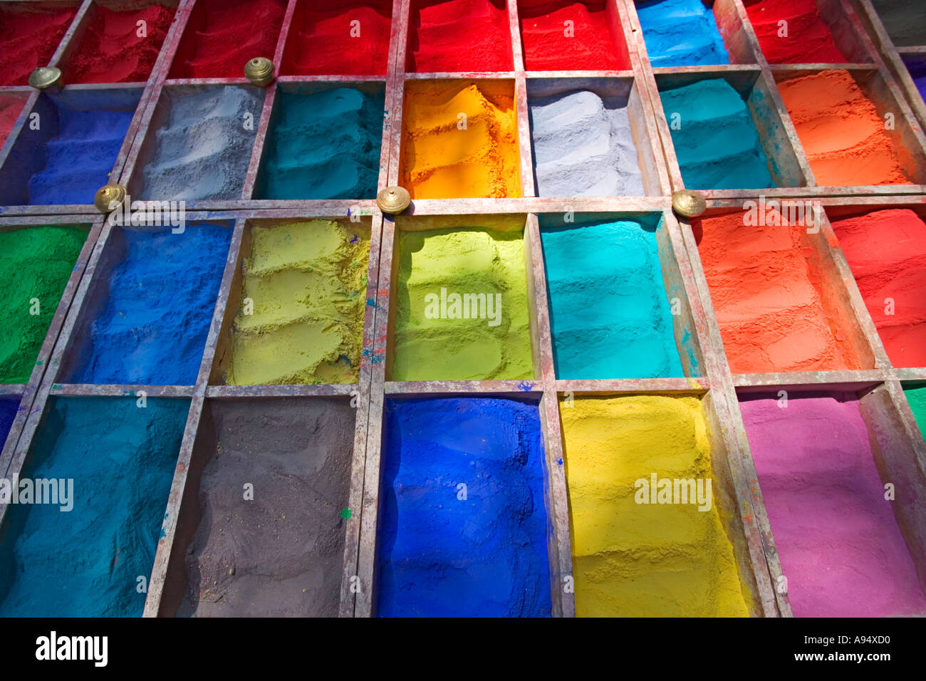 Coloured dyes for sale at the entrance to Pashupatinath in Kathmandu Nepal Stock Photo