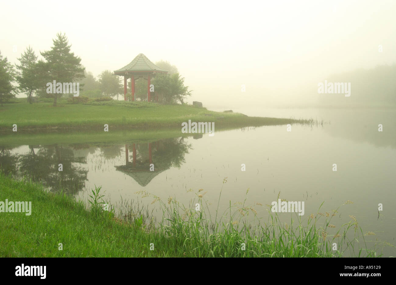 Oriental pagoda in fog in King's Park in Winnipeg Canada Stock Photo