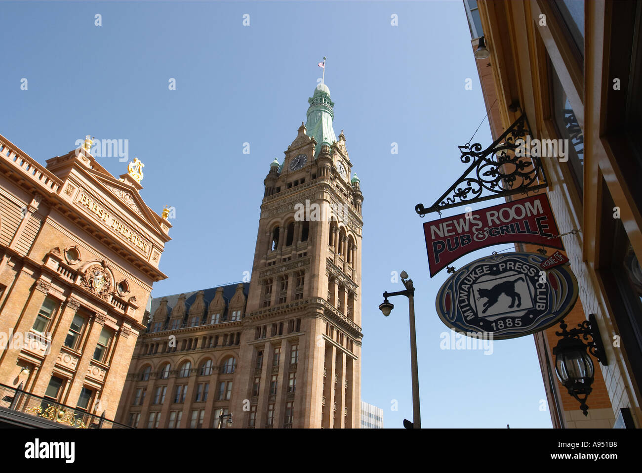 WISCONSIN Milwaukee Pabst Theater City Hall and News Room Pub Grille sign Stock Photo