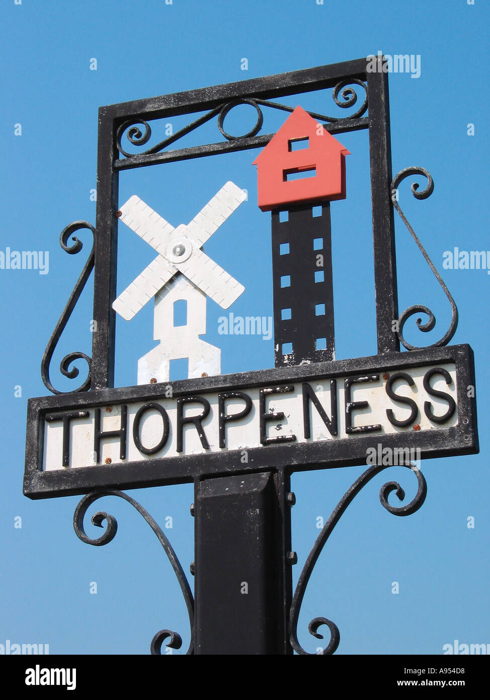 Typical English Village Sign, Thorpeness, Suffolk, England, United Kingdom Stock Photo