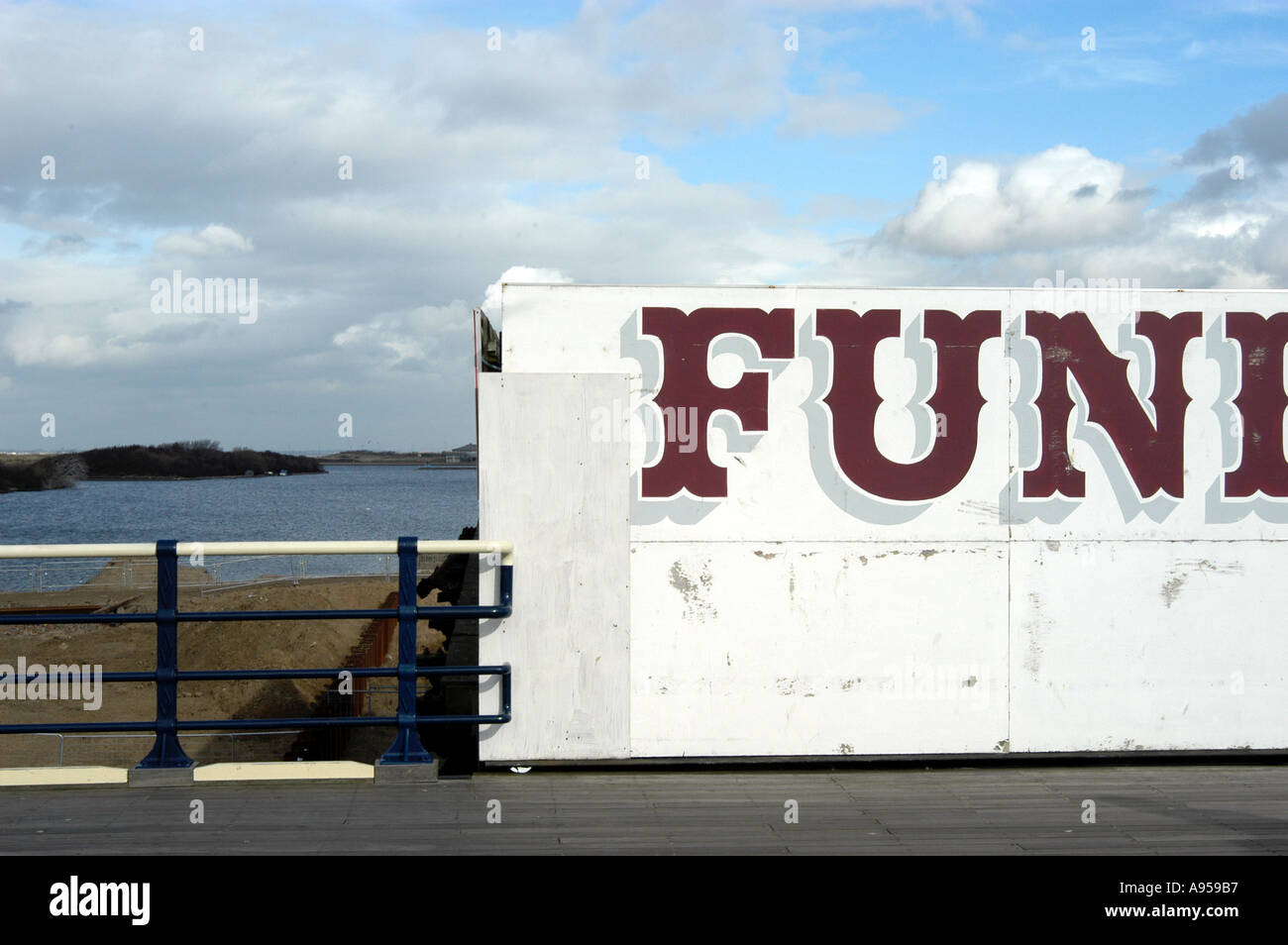 Funfair sign on the pier at Southport Lancashire, UK. Ironically cropped to emphasise FUN. Stock Photo