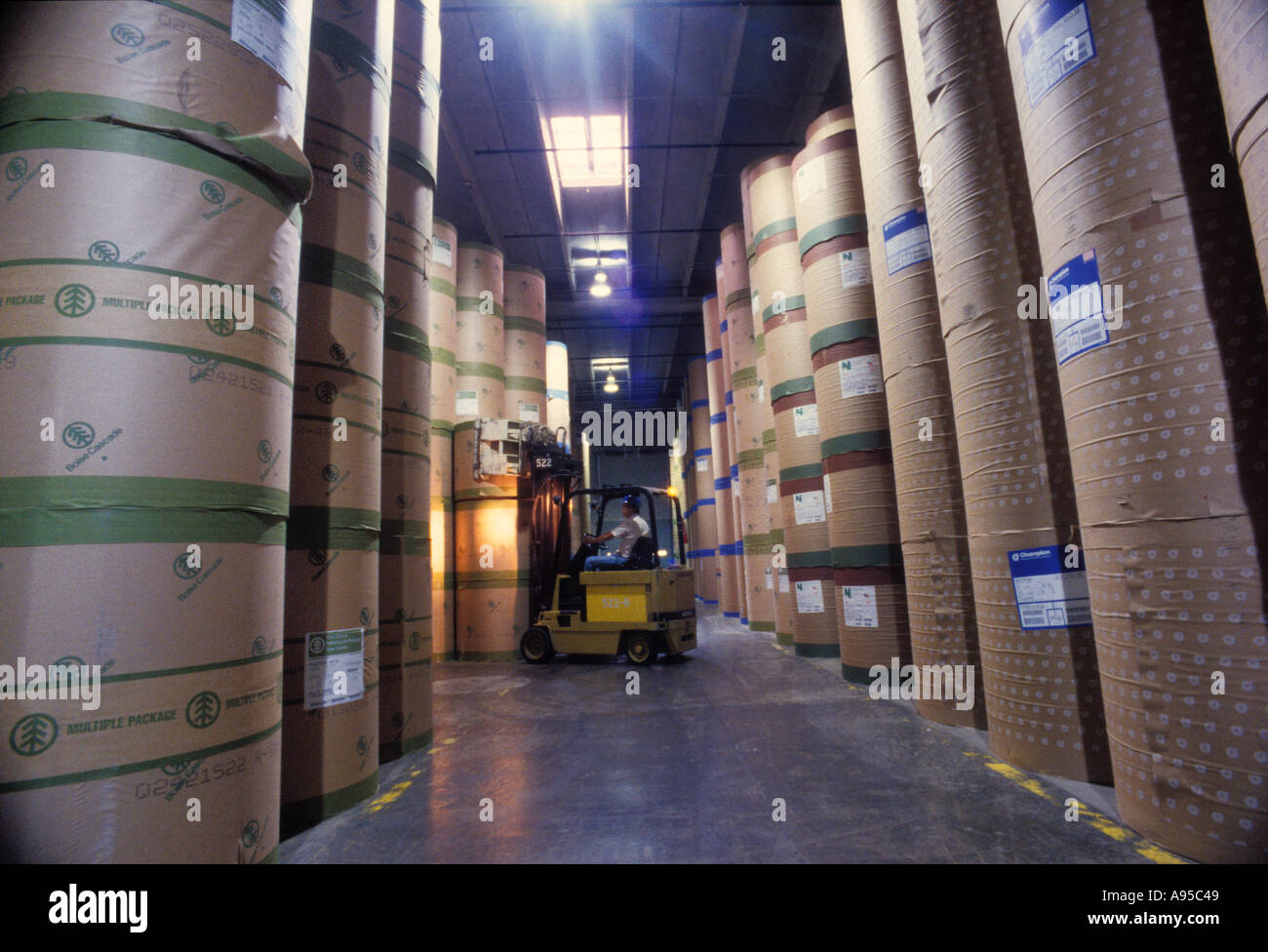 Huge rolls of newsprint stacked in warehouse near newspaper printing