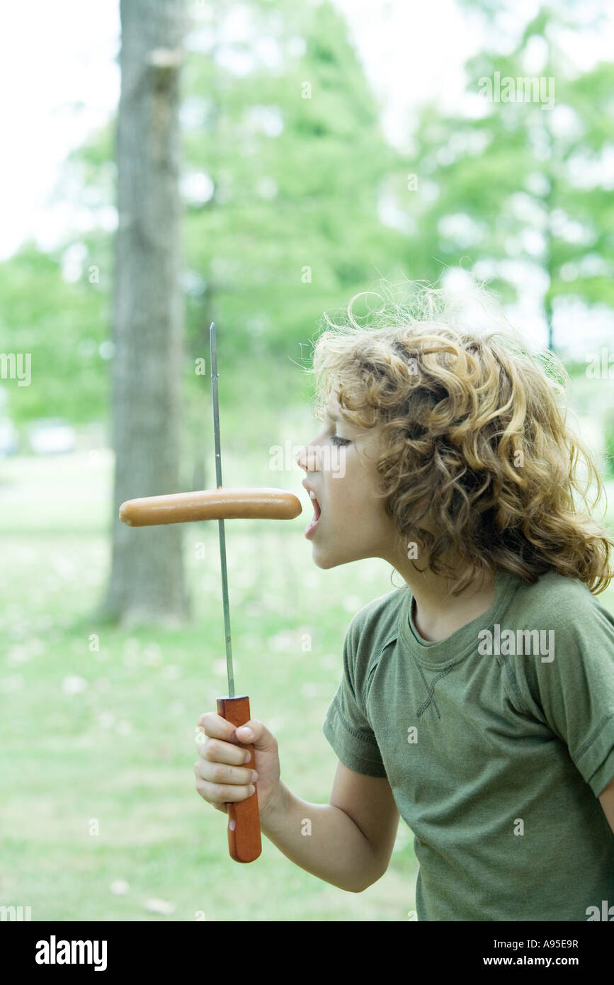 Boy eating hotdog Stock Photo