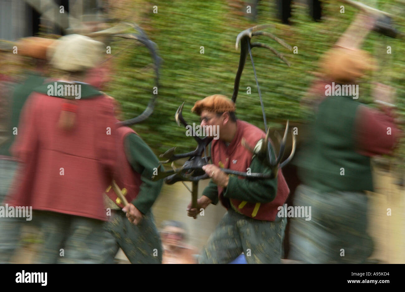 Abbots Bromley Horn Dance being performed by the The Deer Men at Blithfield Hall Staffordshire Stock Photo