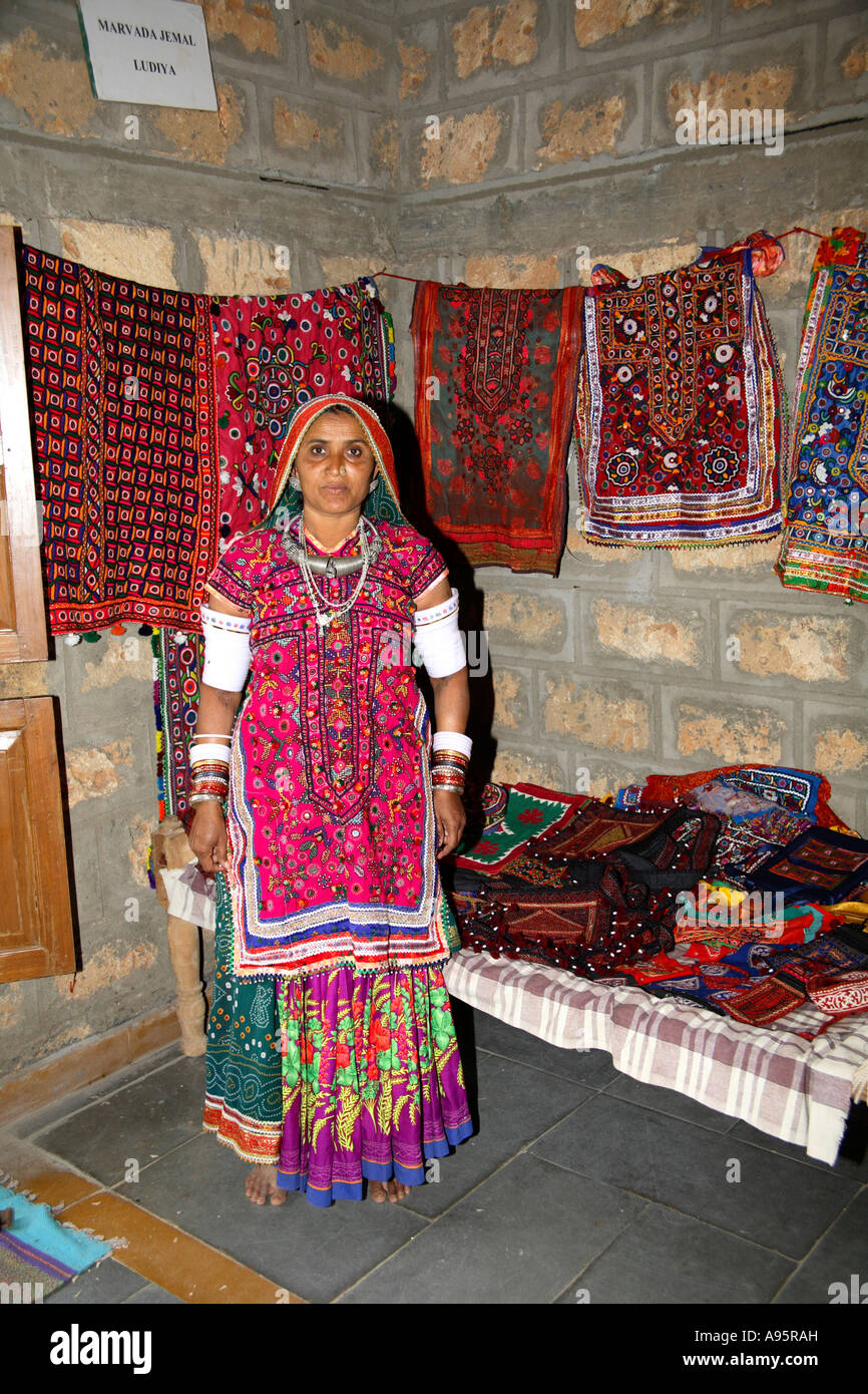 Harijan Tribe Artisan inside hut at Hiralaxmi Memorial Craft Park, Bhujodi Village, Kutch, Gujarat, India Stock Photo