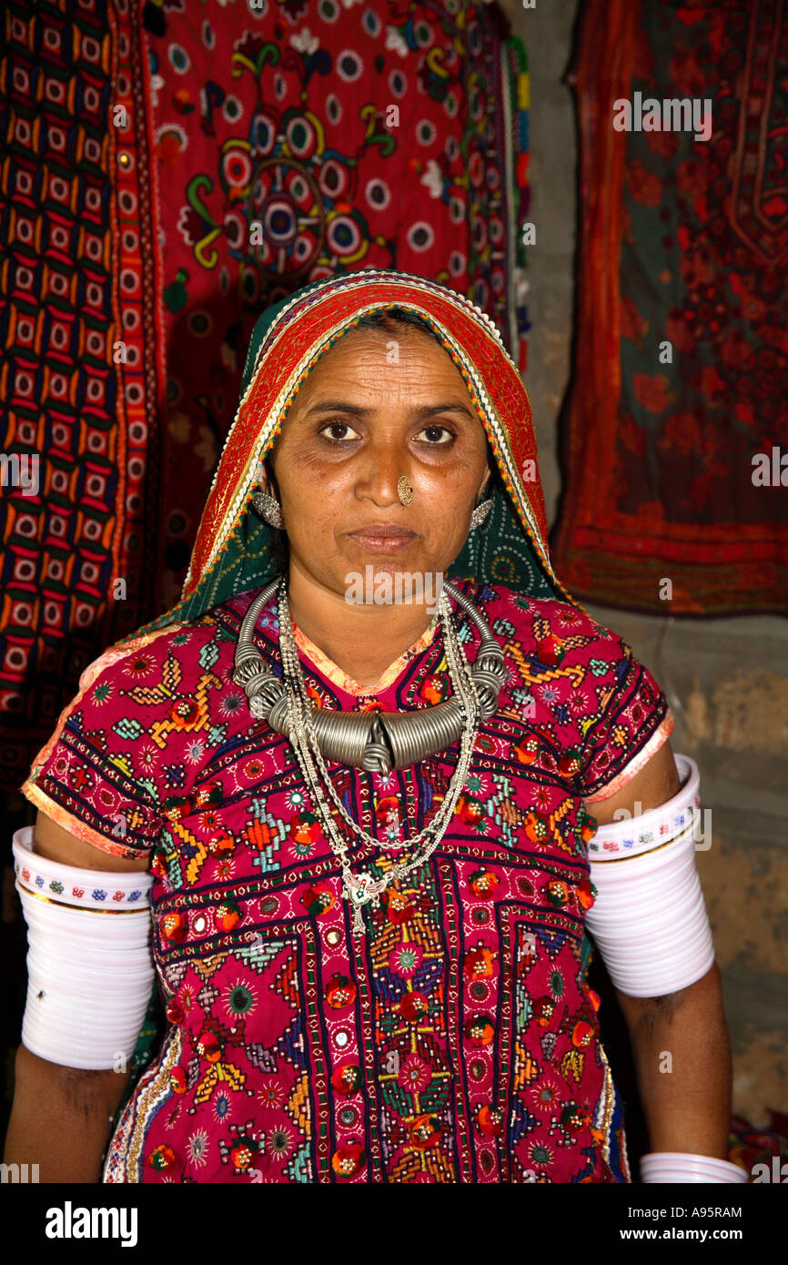 Harijan Tribe Artisan inside hut at Hiralaxmi Memorial Craft Park, Bhujodi Village, Kutch, Gujarat, India Stock Photo