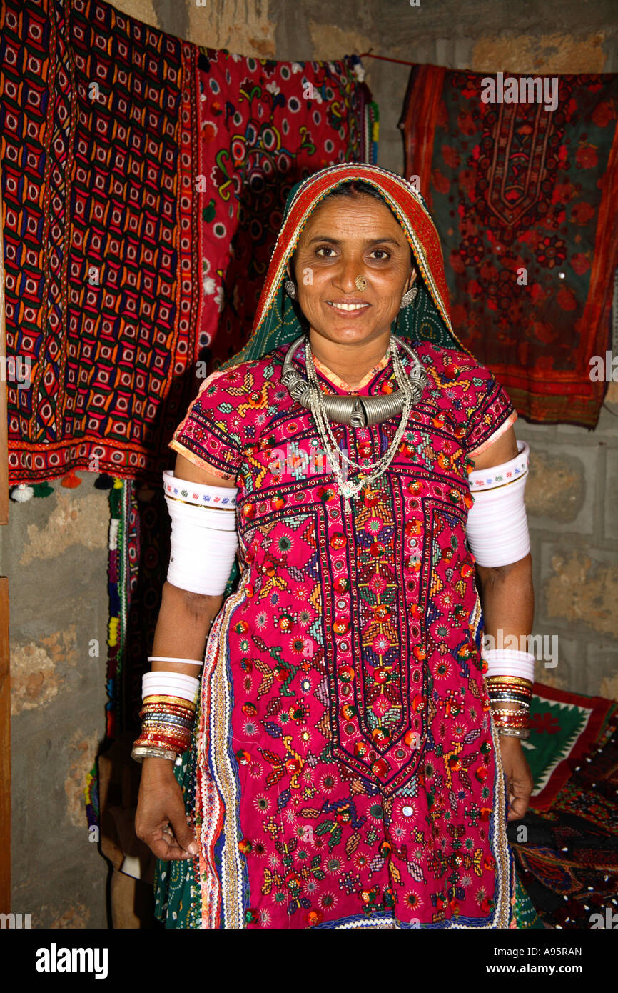 Harijan Tribe Artisan inside hut at Hiralaxmi Memorial Craft Park, Bhujodi Village, Kutch, Gujarat, India Stock Photo
