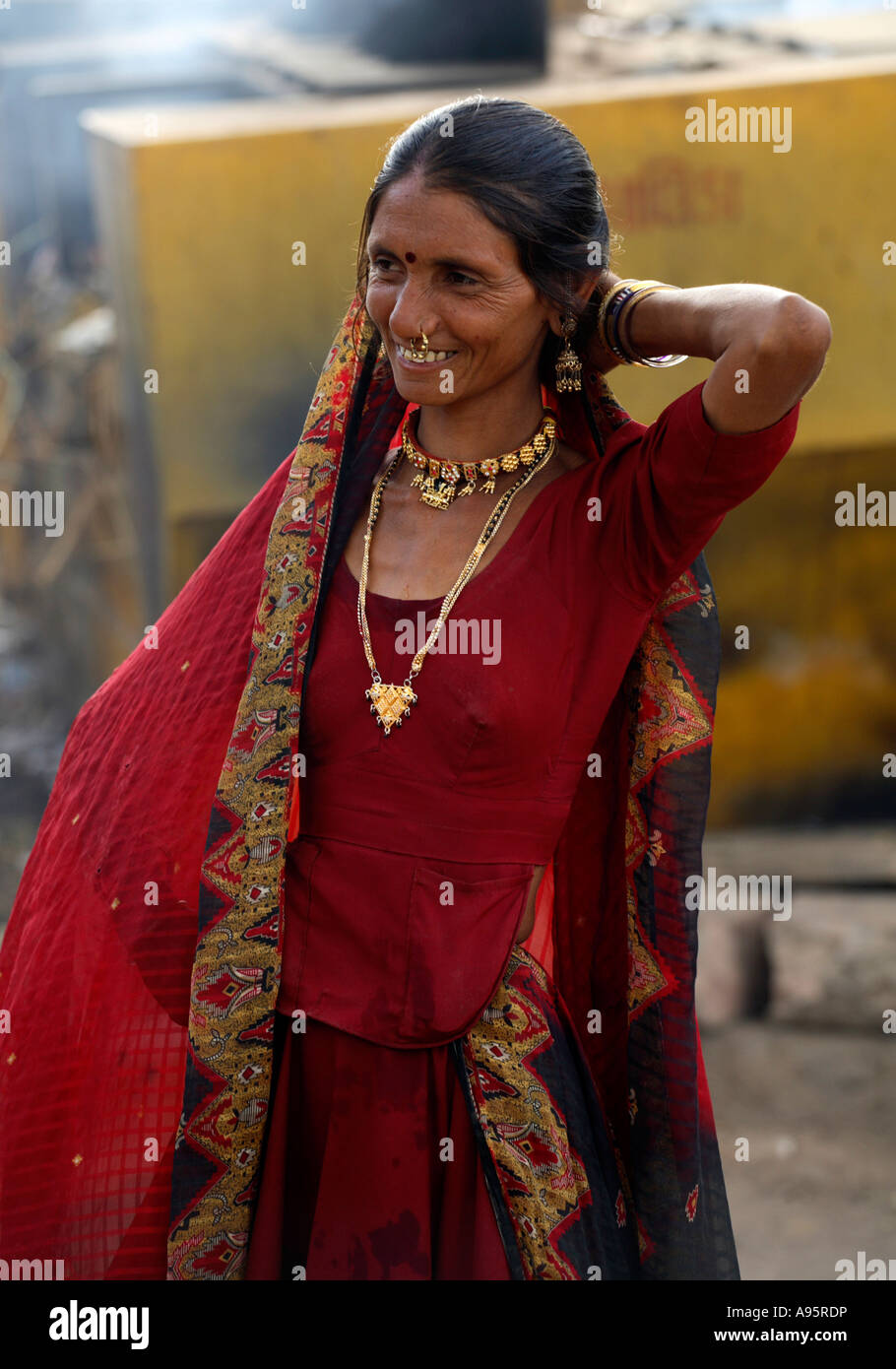 Indian Tribal woman from Kutch district at bus-stand, Bhuj, Gujarat, India Stock Photo