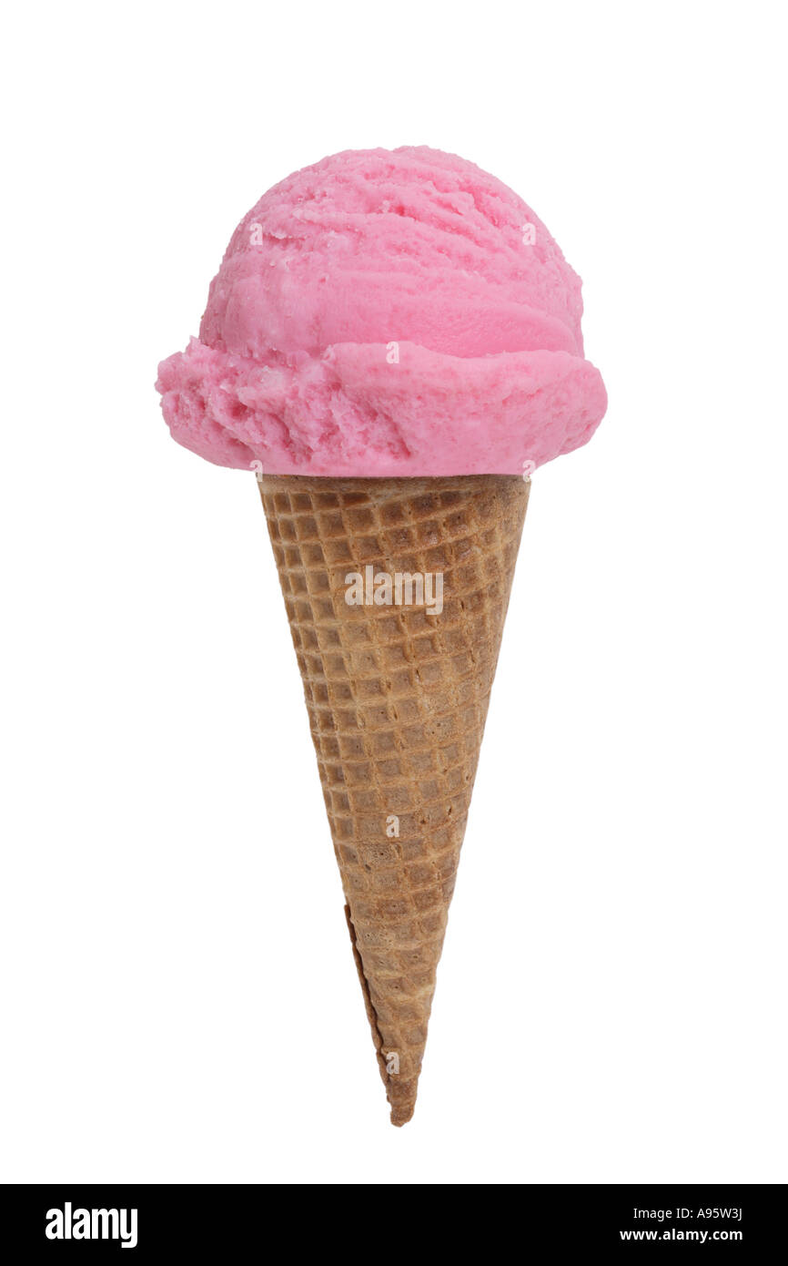 Pink strawberry and coconut ice cream scoops on plate stock photo