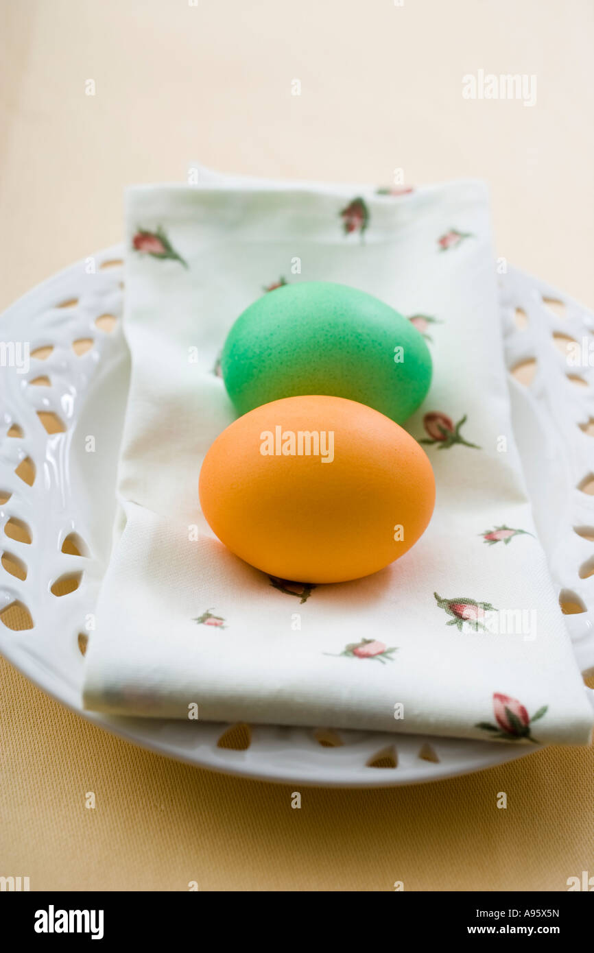 Easter eggs on porcelain plate Stock Photo