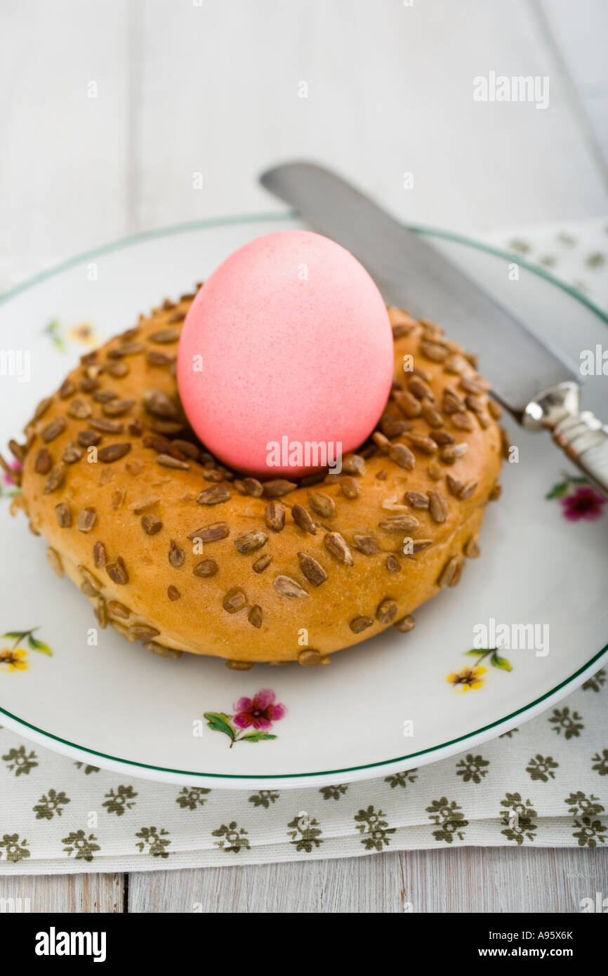 Easter breakfast with Easter egg and a bagel Stock Photo