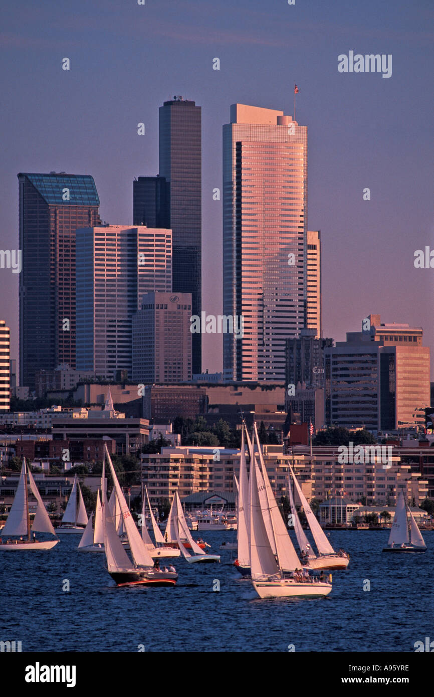Sailboats At Sunset On Lake Union With Seattle Skyline In Background
