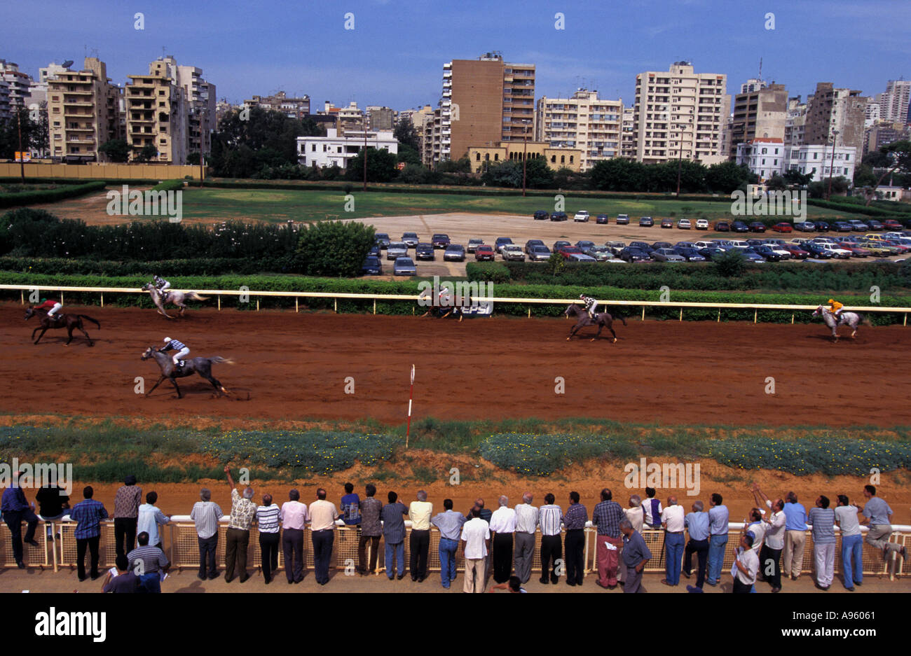 Horse racing near the former wartime Green Line which separated Muslim west & Christian east Beirut, Hippodrome, Lebanon. Stock Photo