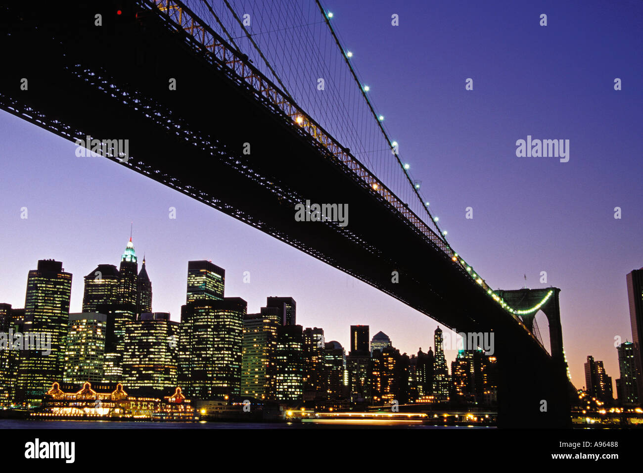 Brooklyn Bridge And Lower Manhattan Skyline At Dusk New York City New ...