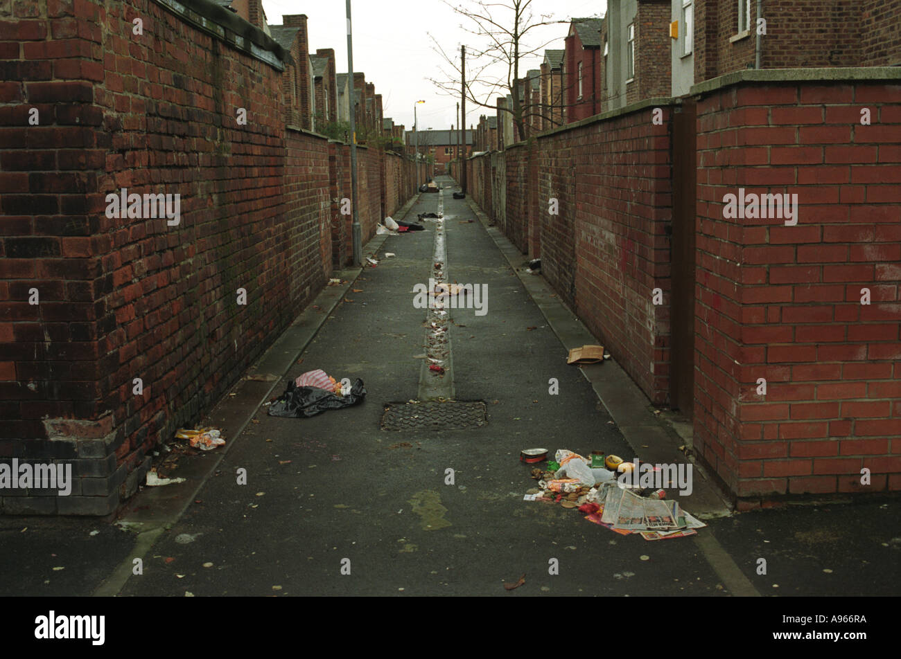 Rubbish strewn about in a back alley of terraced houses. Moss Side, near Manchester. 1993, 1990s UK HOMER SYKES Stock Photo