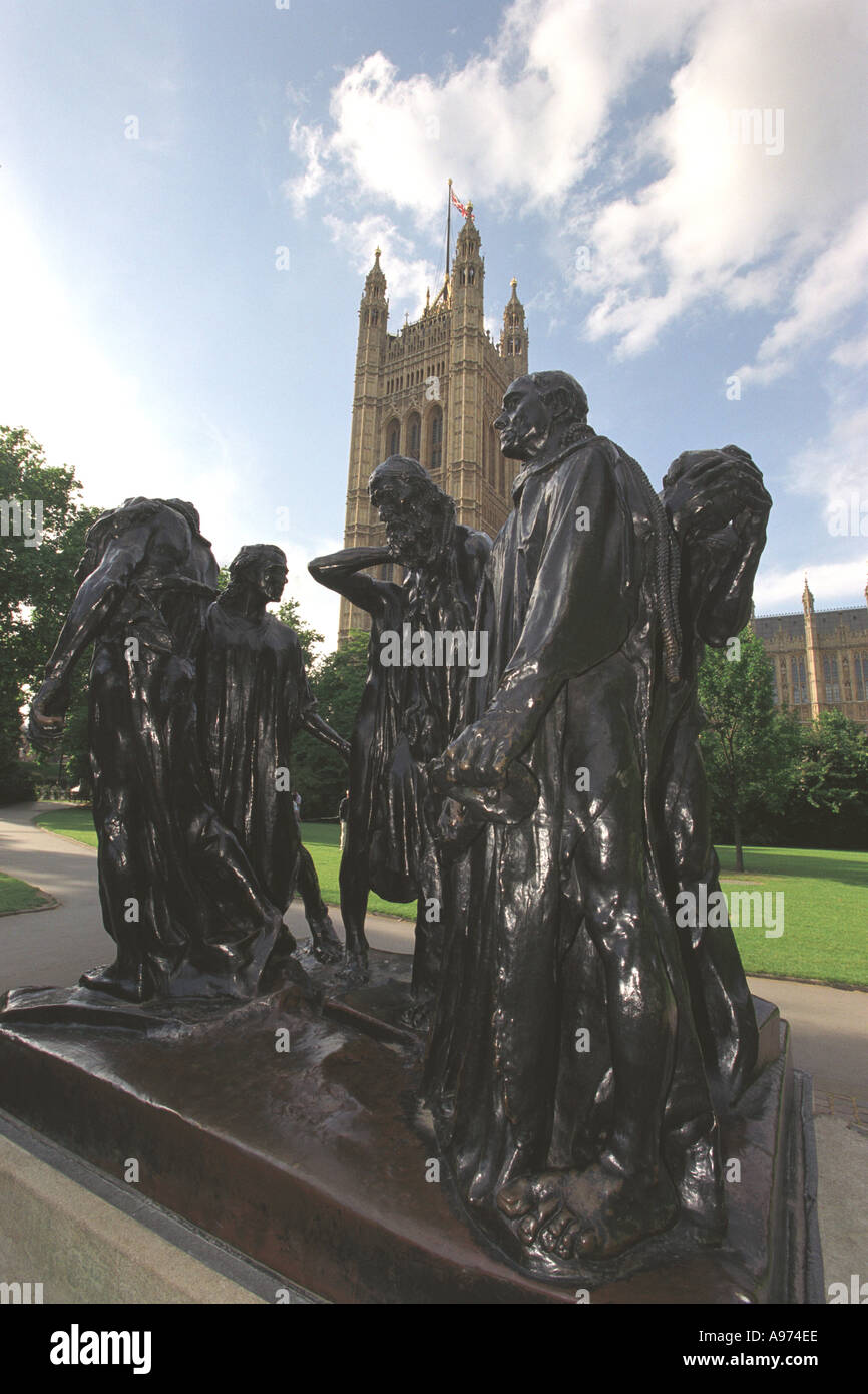 The Burghers of Calais statue outside the Houses of Parliament in