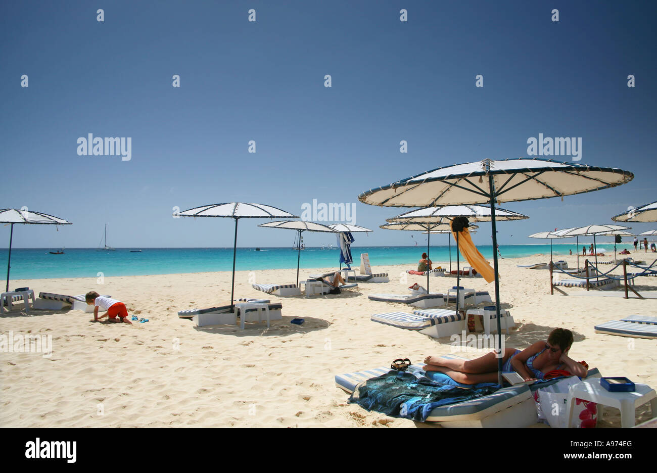 Tourists relax on the beach Santa Maria Sal Stock Photo