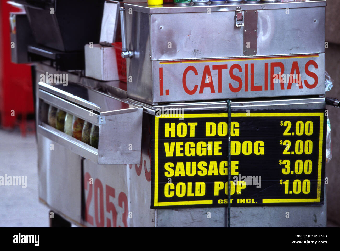 Hot Dog Street Vendor with price of items at Toronto Canada Stock Photo