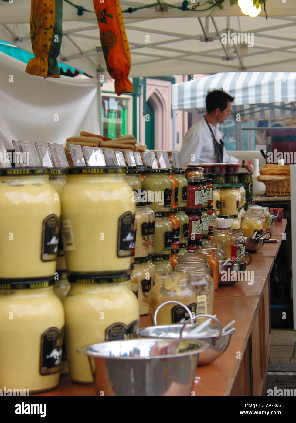French Dijon mustard on display at a French market stall, France Stock