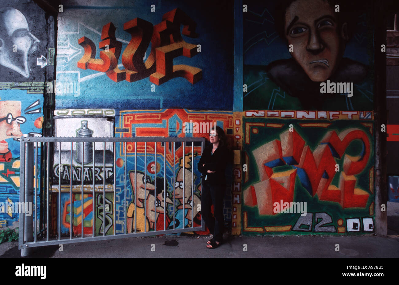 Mural on a car park wall Interlaken Switzerland with woman standing in front Stock Photo Alamy
