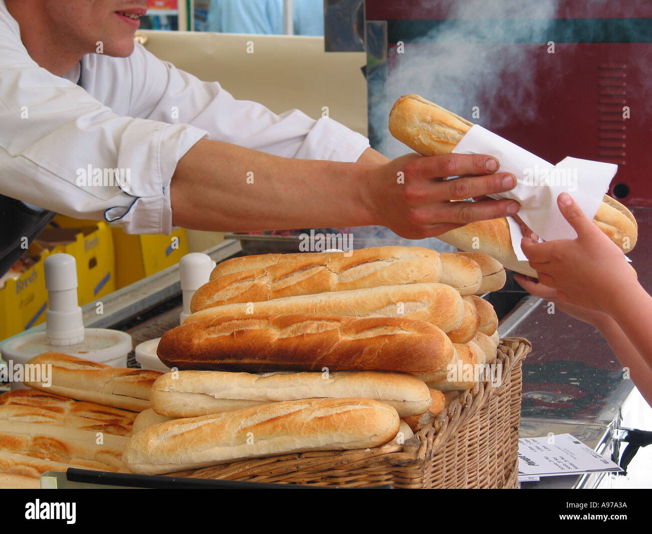 French Baguette Sandwich, French Sausage and Baguette Stall, Baguette de tradition françaisel, traditional bakeries Stock Photo