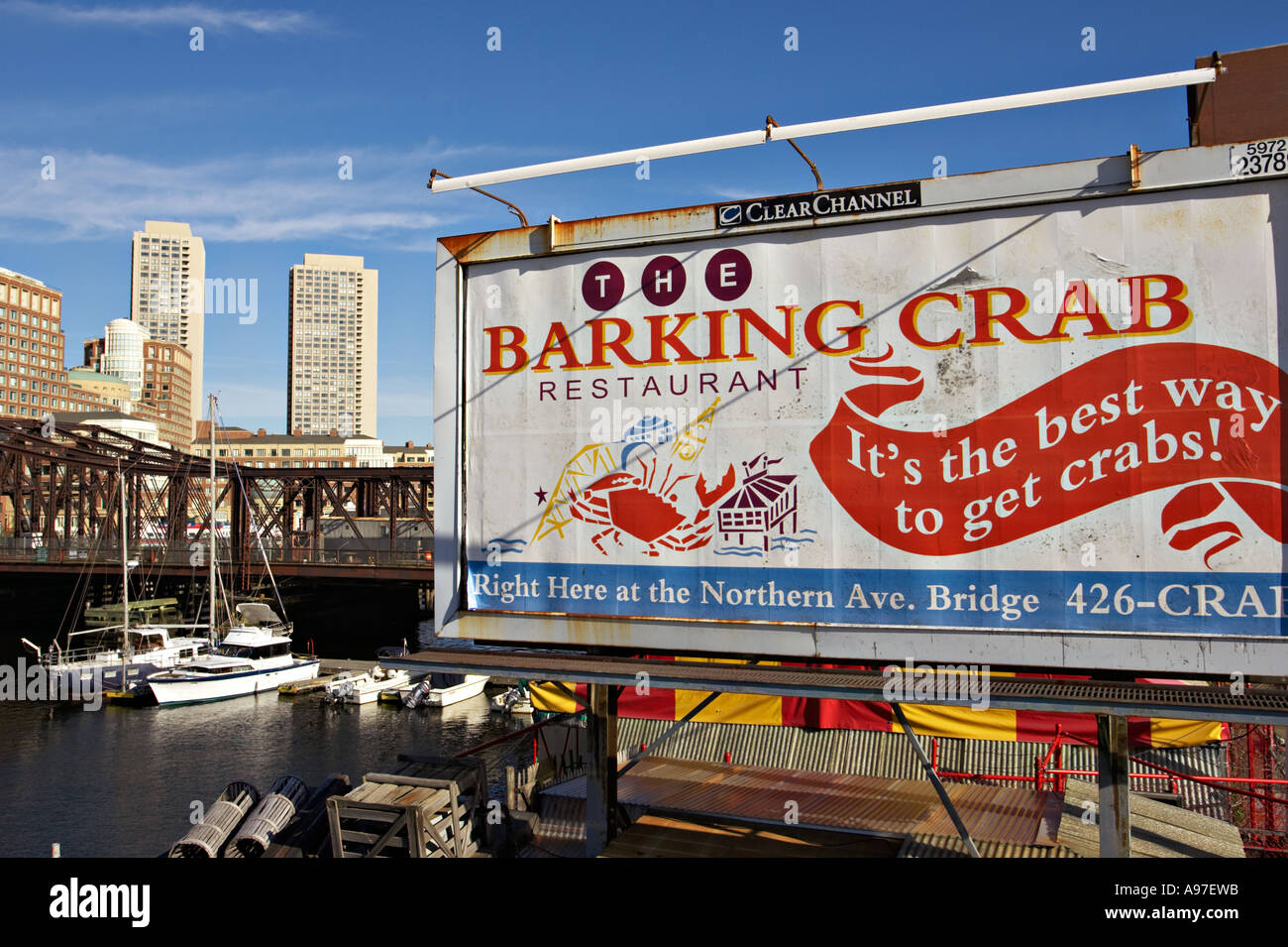MASSACHUSETTS Boston Barking Crab restaurant in seaport district billboard at end of bridge