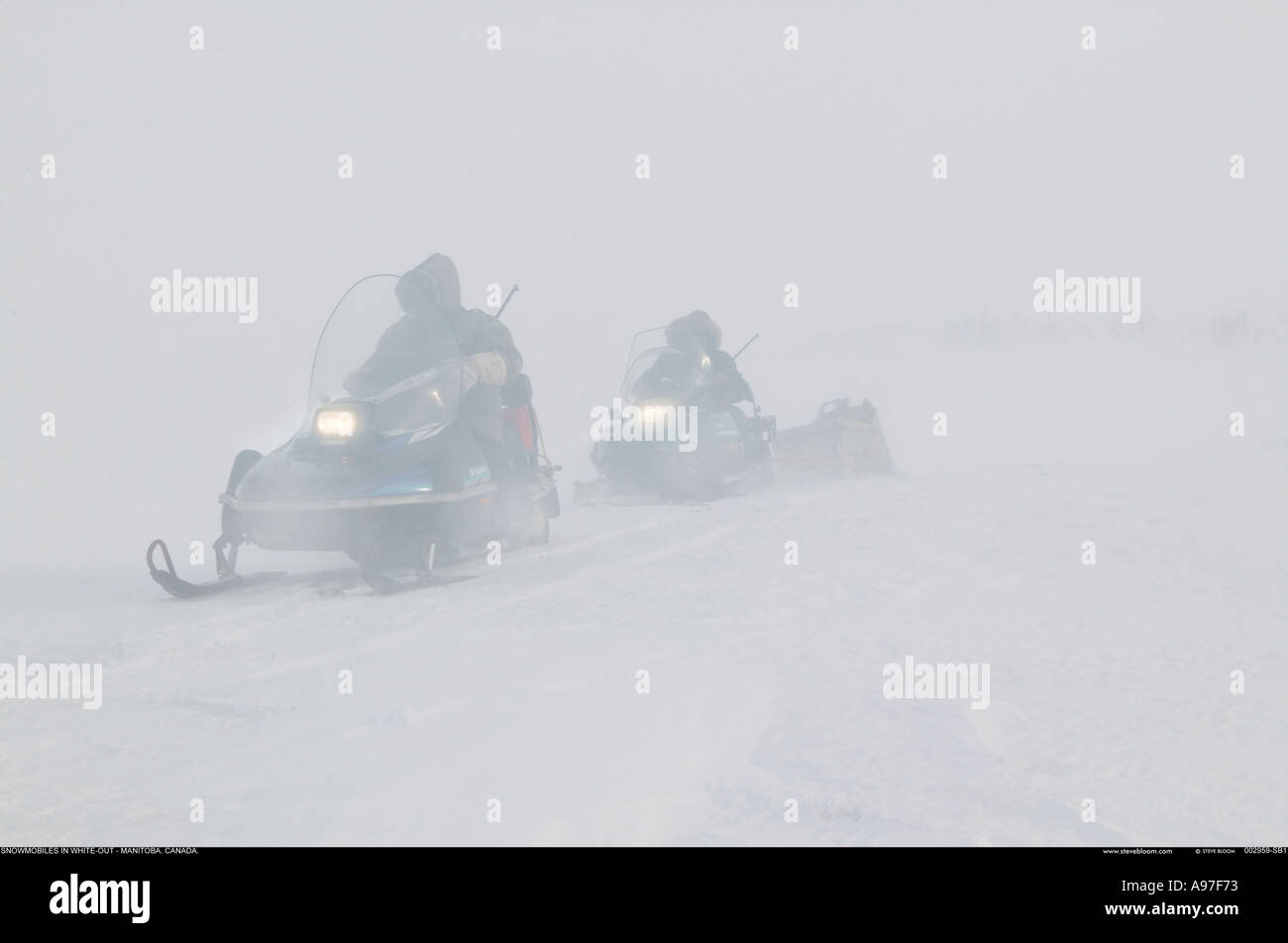 Snowmobiles in a white out during blizzards Northern Canada Stock Photo