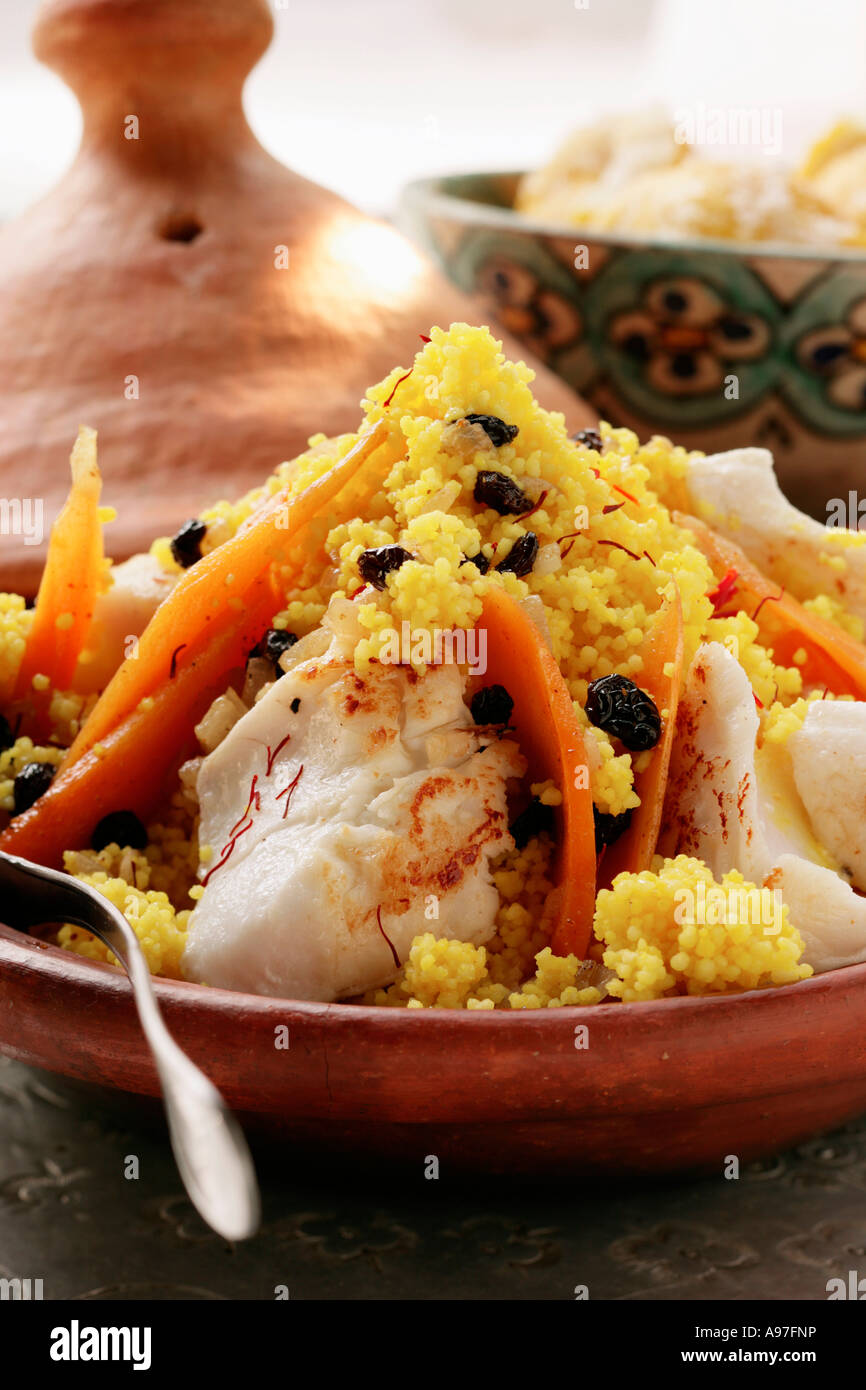 Saffron couscous with fish carrots and raisins N Africa FoodCollection