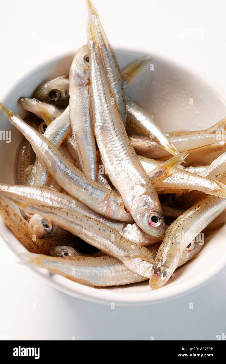 Sandsmelts in small white bowl FoodCollection Stock Photo