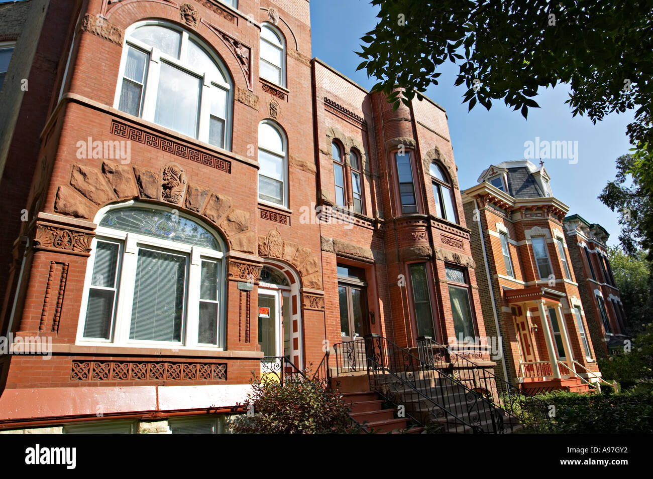 ILLINOIS Chicago Brownstone buildings in Bucktown neighborhood on near