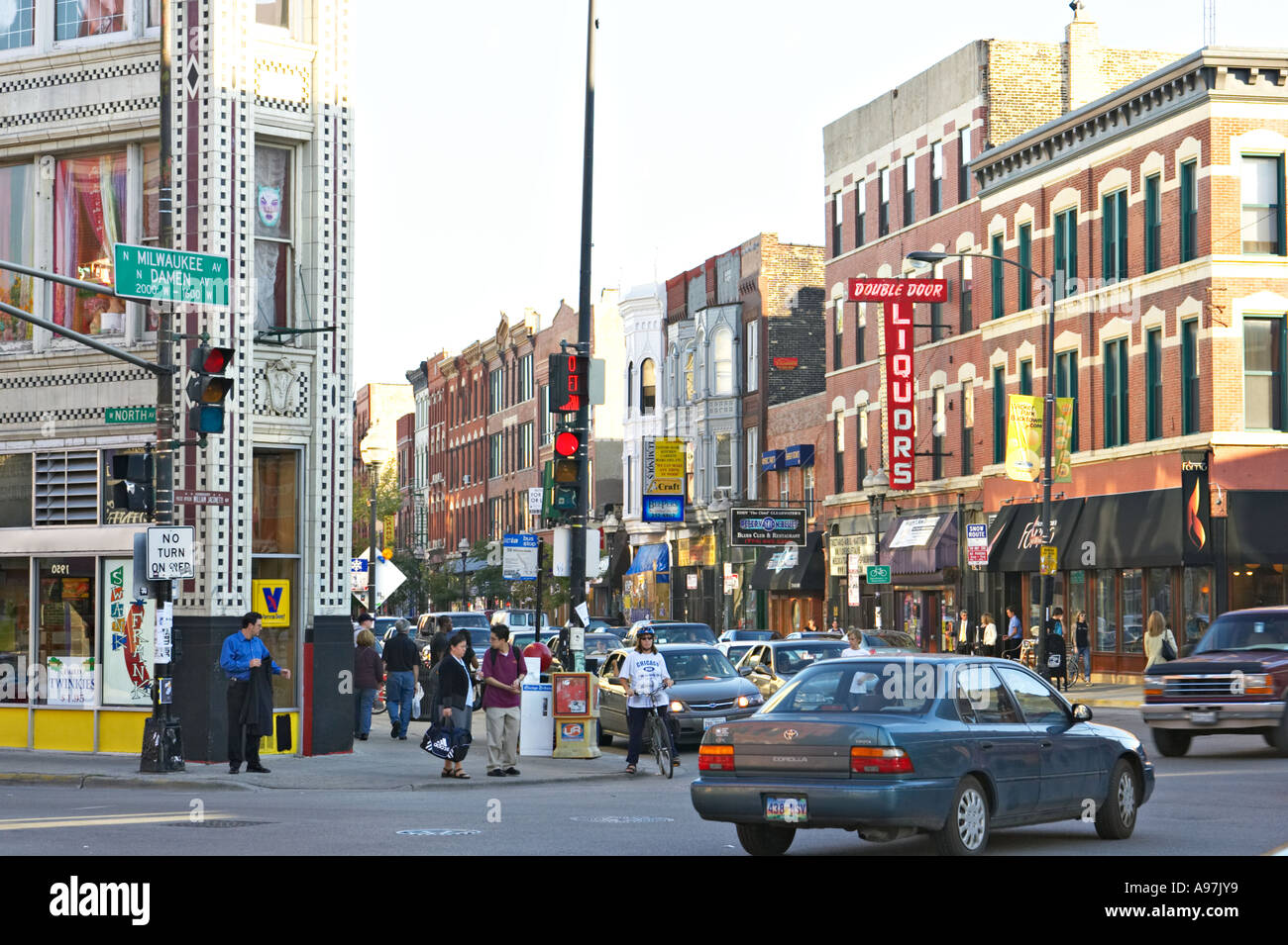 ILLINOIS Chicago Milwaukee and Damen Avenue intersection busy street scene in Bucktown Stock Photo