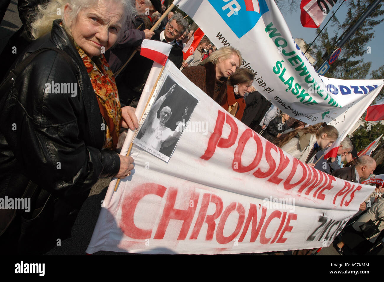 Woman during anti-abortion demonstration in Warsaw, Poland, 'Deputies, protect a life' - saids a slogan. Stock Photo