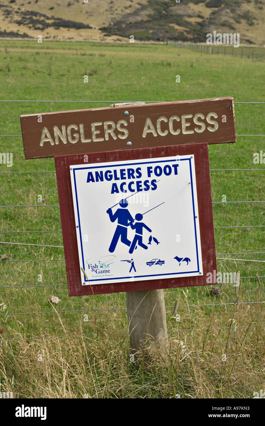 NEW ZEALAND South Island Mavora Lakes Park Anglers Access signs posted along fence permission for fishermen Stock Photo