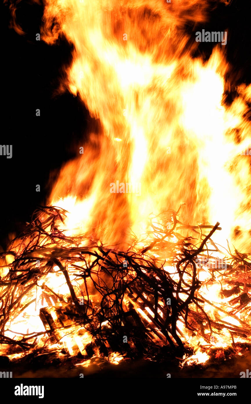 Bonfire lit to celebrate New Year's Day in Allendale, Northumberland Stock Photo